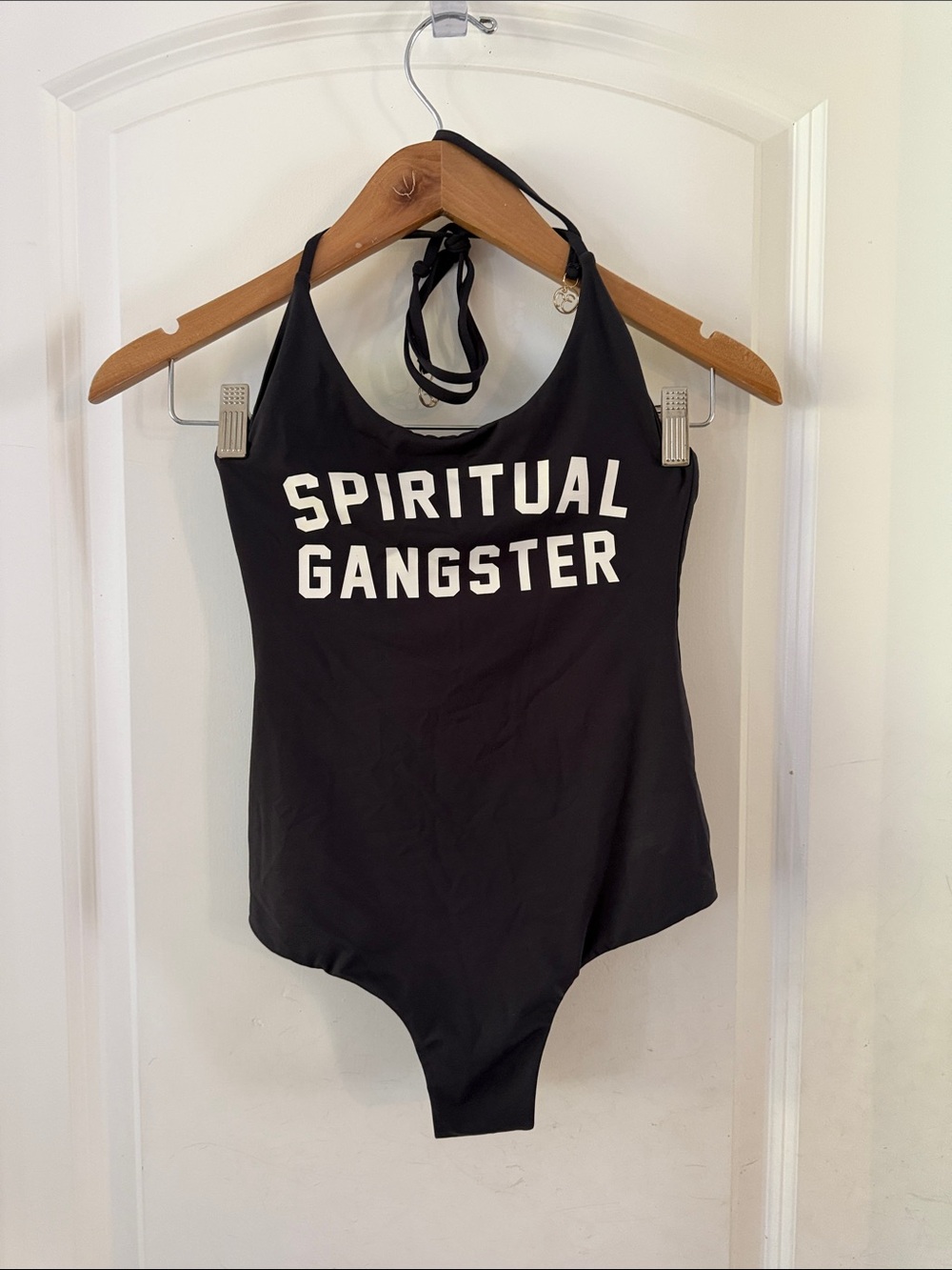 Spiritual Gangster Black One-Piece Halter Swimsuit with White Logo